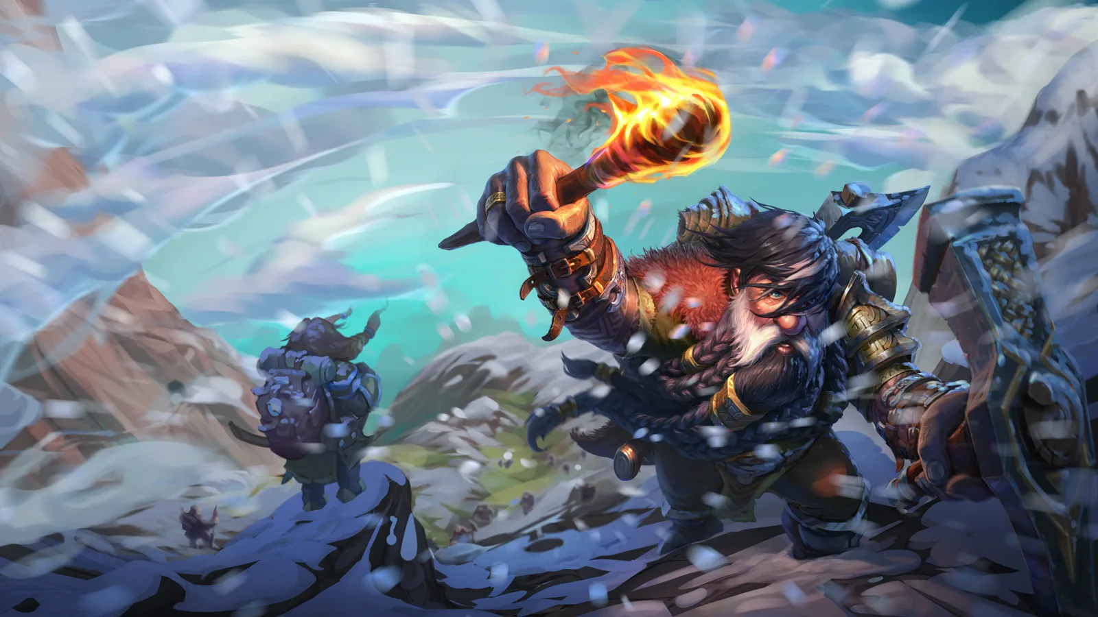 A bearded dwarf raises a burning torch against a blizzard on a mountainside while a second dwarf climbs the slope behind him.