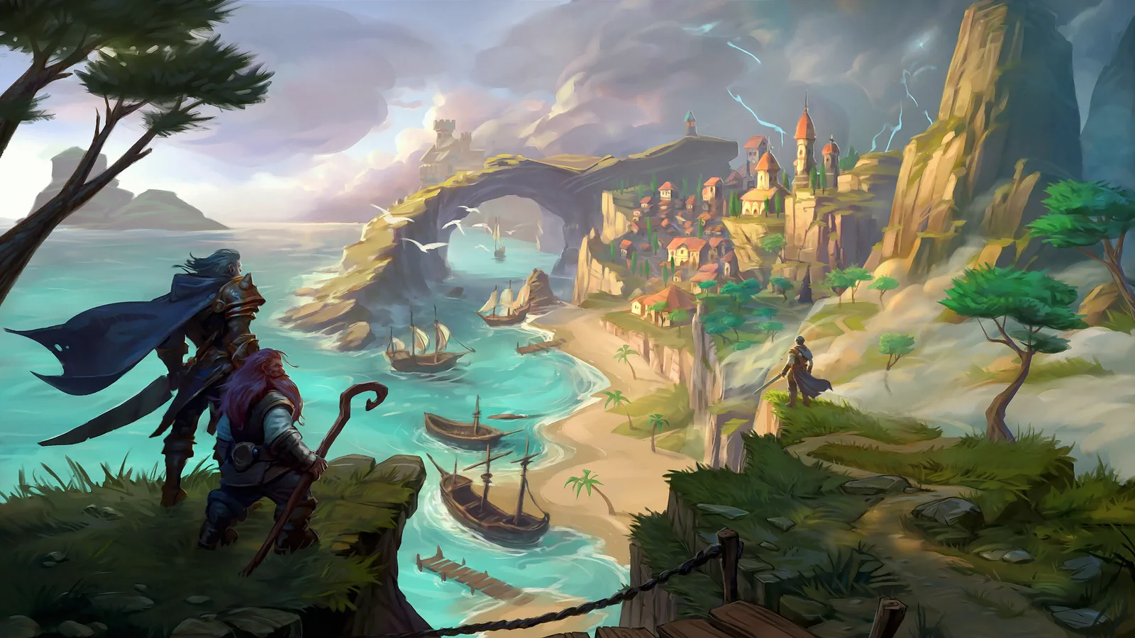 A cloaked figure with a staff looks down from a clifftop over a harbour town of red-roofed houses and sailing ships in a turquoise bay.